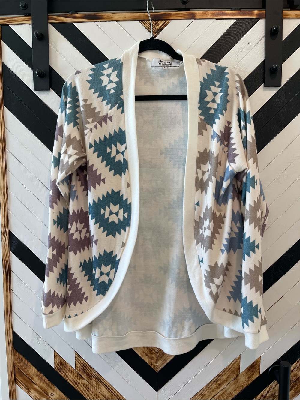 Open-Front Aztec Cardigan Sweater - Cream with Teal & Taupe